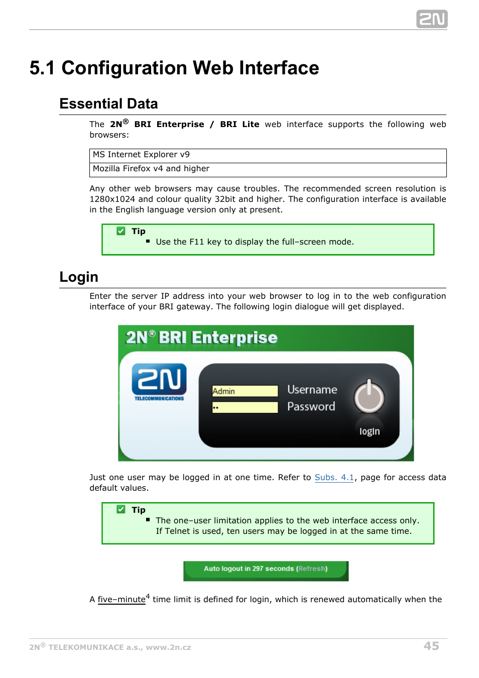 1 configuration web interface, Essential data, Login | 2N BRI Lite/Enterprise v1.2 User Manual | Page 45 / 101