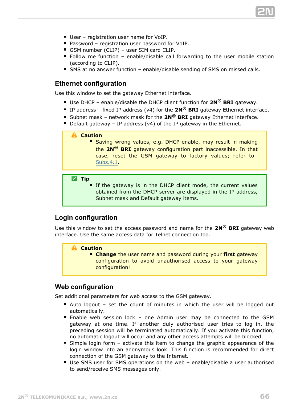 Ethernet configuration, Login configuration, Web configuration | 2N BRI Lite/Enterprise v1.2 User Manual | Page 66 / 101