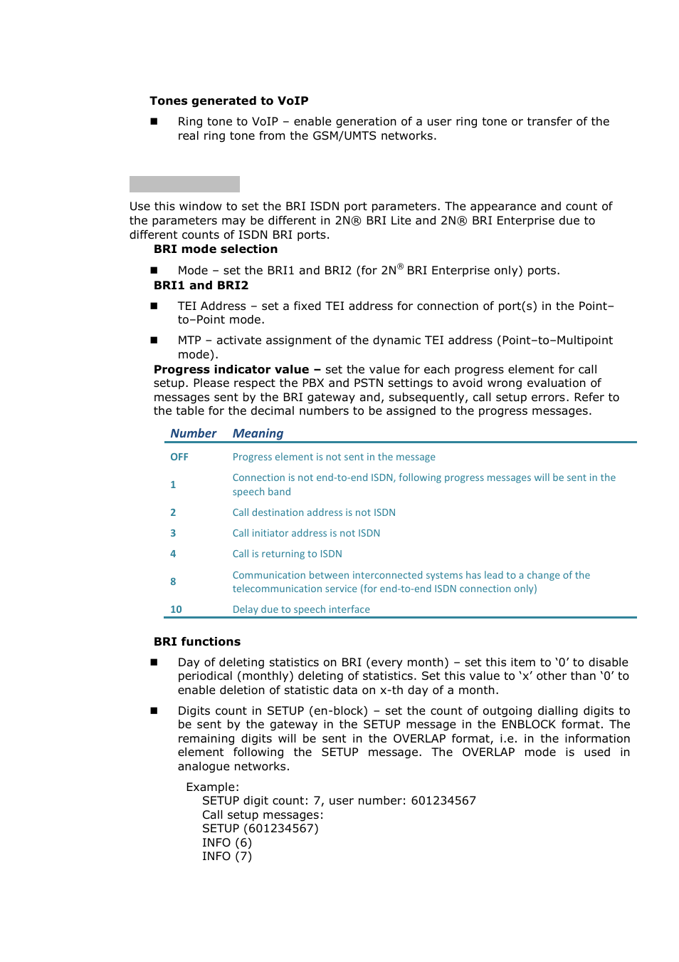 Isdn parameters, Number meaning | 2N BRI Lite/Enterprise v1.1 User Manual | Page 66 / 109