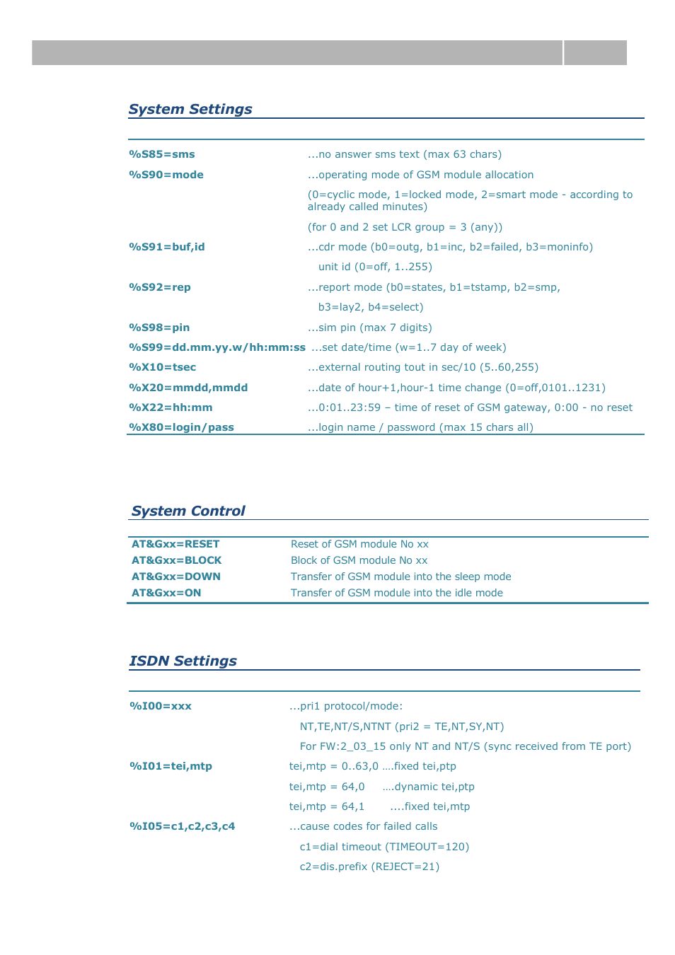 List of terminal at commands 6.3, System settings, System control | Isdn settings | 2N BRI Lite/Enterprise v1.1 User Manual | Page 85 / 109