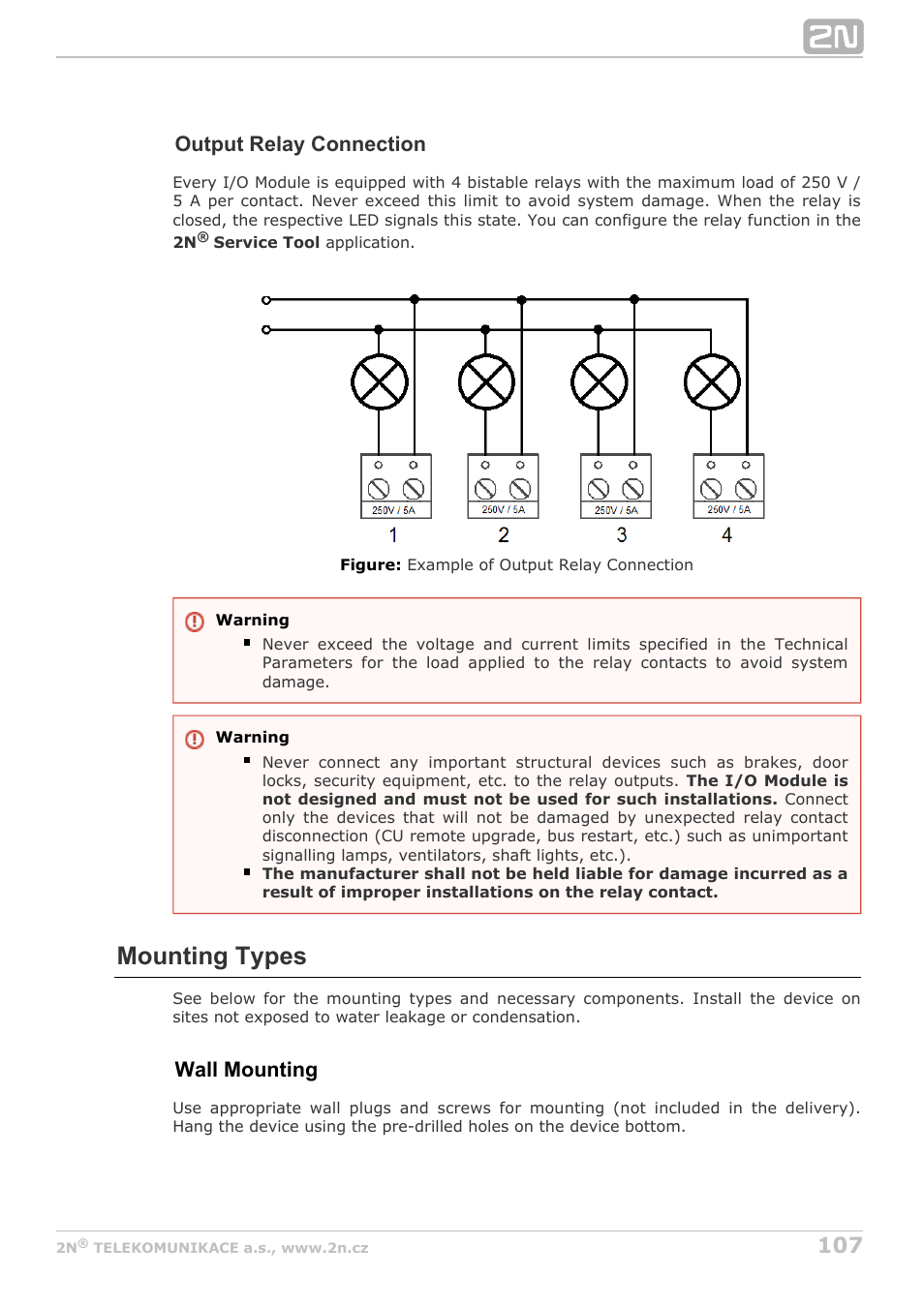 Mounting types, Output relay connection, Wall mounting | 2N Lift8 v1.6.0 User Manual | Page 107 / 247