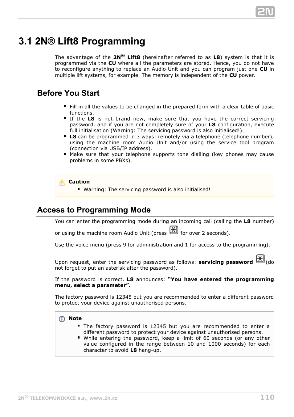 1 2n® lift8 programming, Before you start, Access to programming mode | 2N Lift8 v1.6.0 User Manual | Page 110 / 247