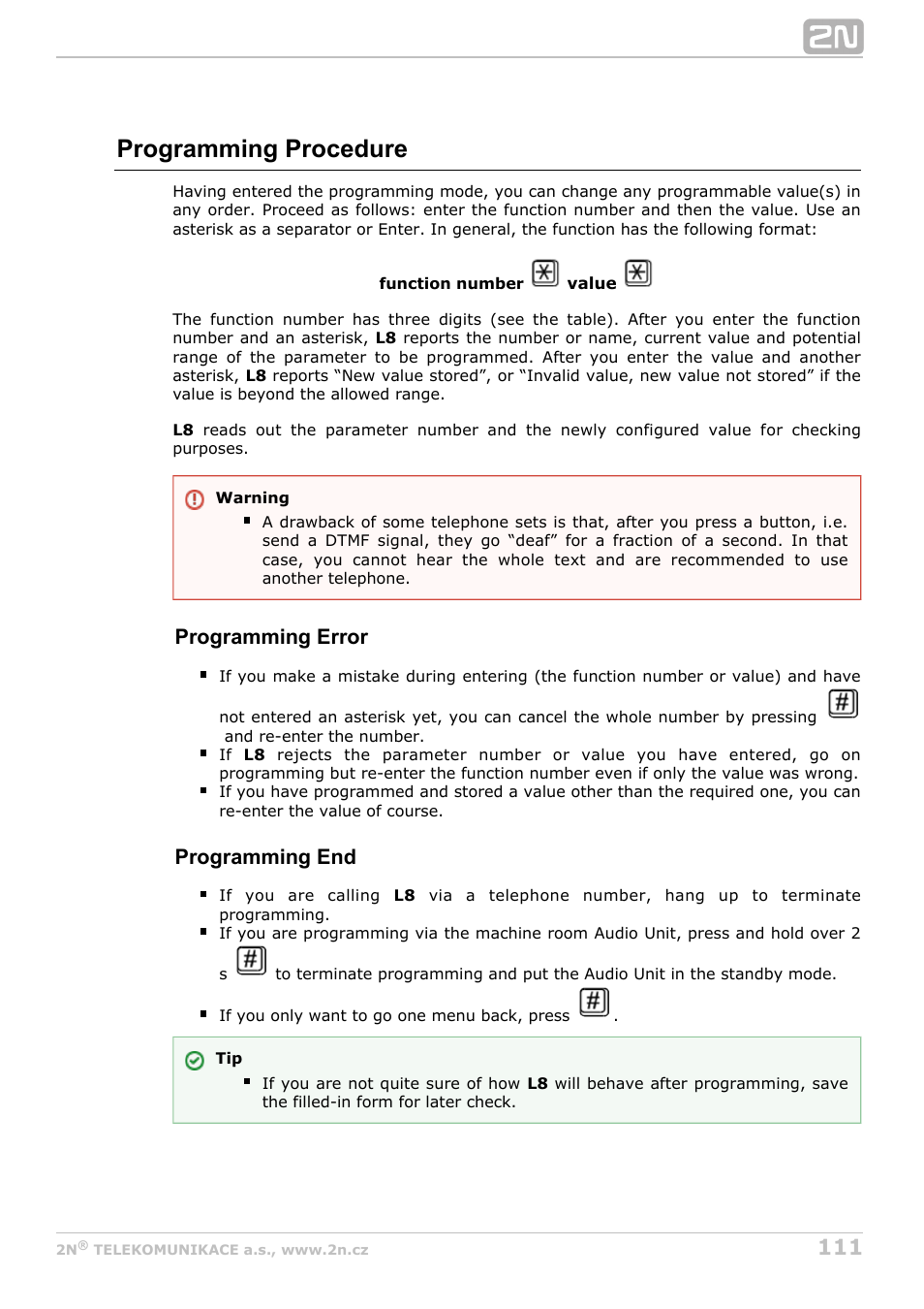 Programming procedure, Programming error, Programming end | 2N Lift8 v1.6.0 User Manual | Page 111 / 247