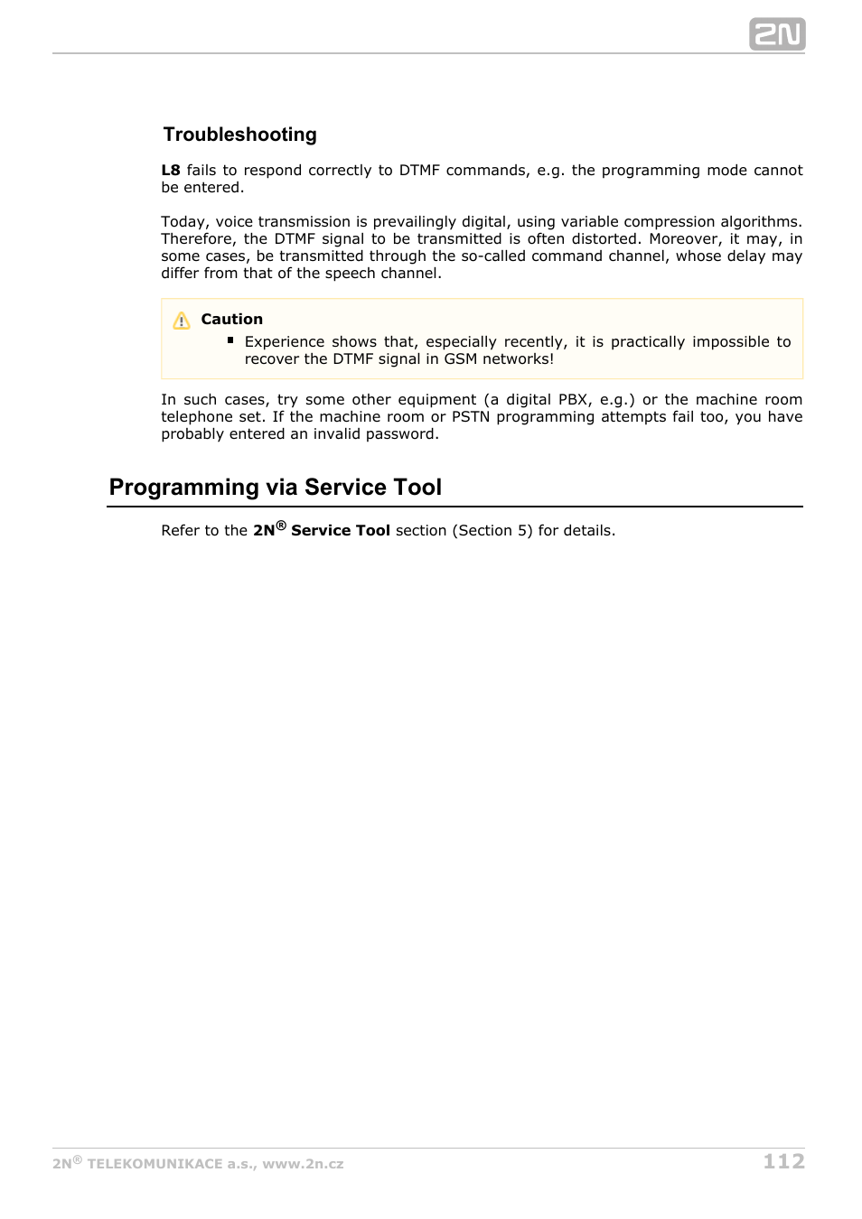 Programming via service tool, Troubleshooting | 2N Lift8 v1.6.0 User Manual | Page 112 / 247