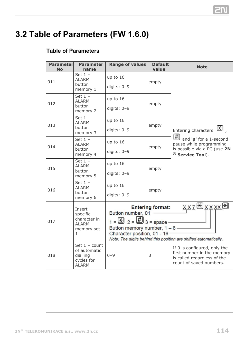 2 table of parameters (fw 1.6.0), Table of parameters | 2N Lift8 v1.6.0 User Manual | Page 114 / 247