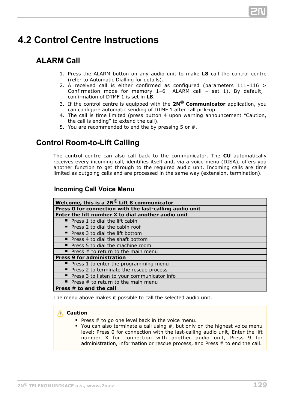 2 control centre instructions, Alarm call, Control room-to-lift calling | Incoming call voice menu | 2N Lift8 v1.6.0 User Manual | Page 129 / 247