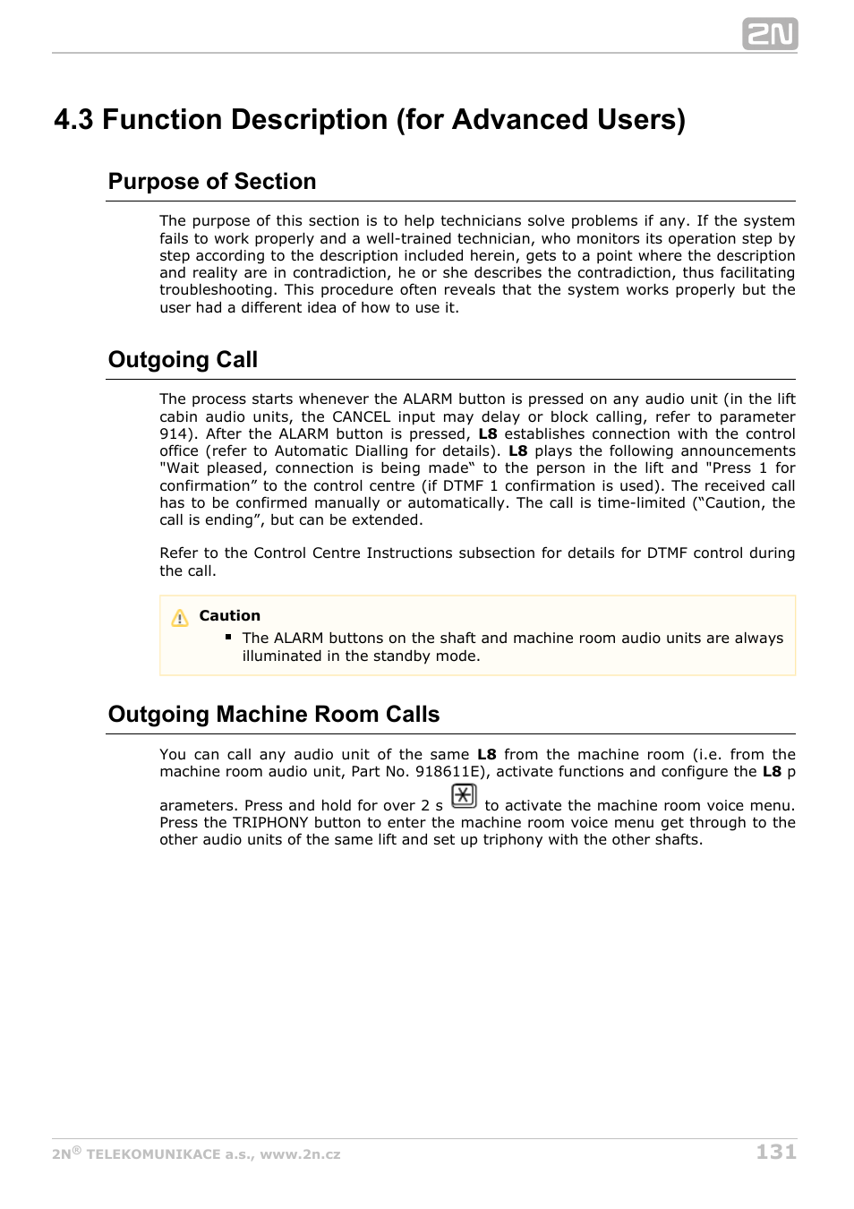 3 function description (for advanced users), Outgoing call, Outgoing machine room calls | 2N Lift8 v1.6.0 User Manual | Page 131 / 247