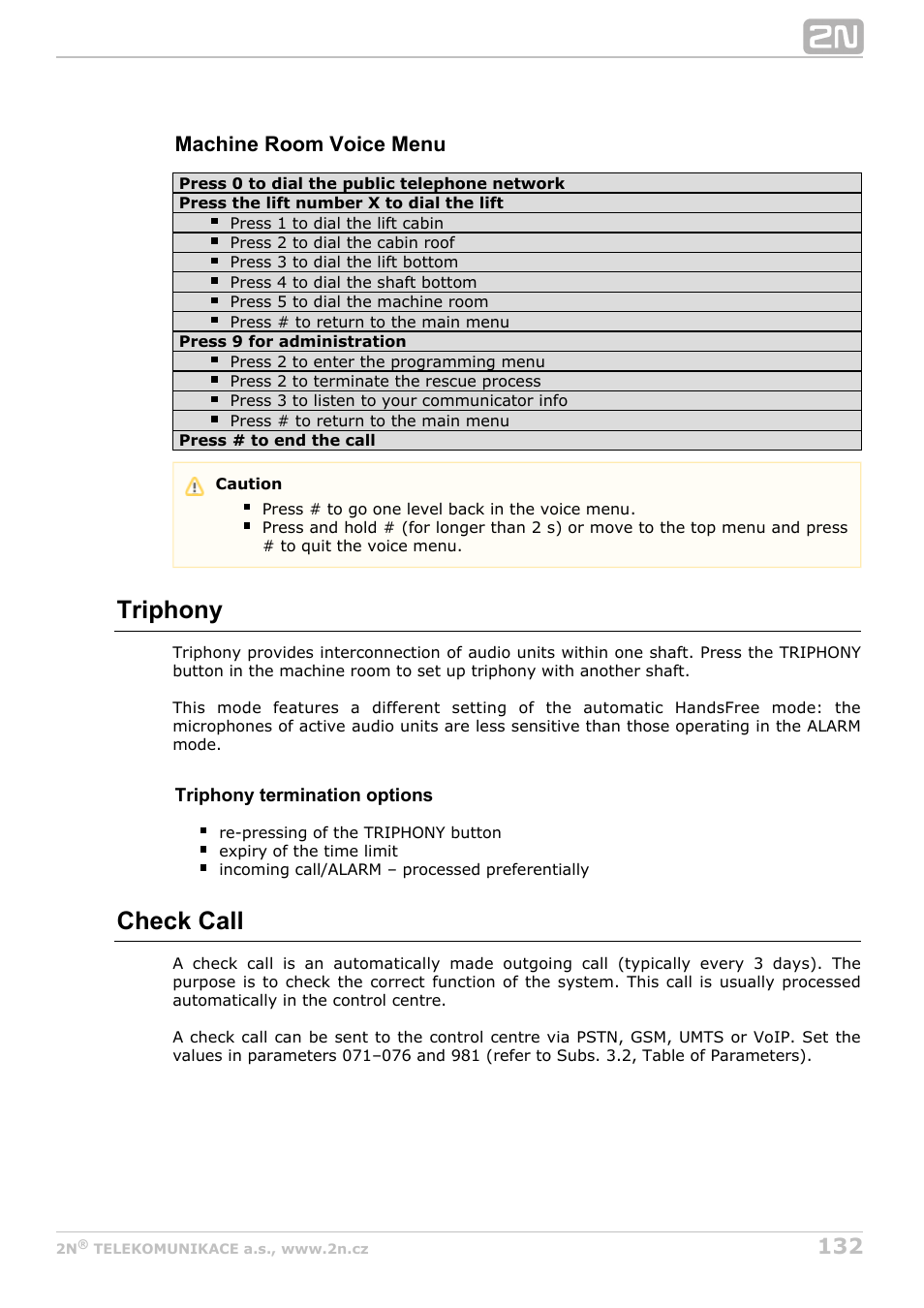 Triphony, Check call, Machine room voice menu | 2N Lift8 v1.6.0 User Manual | Page 132 / 247