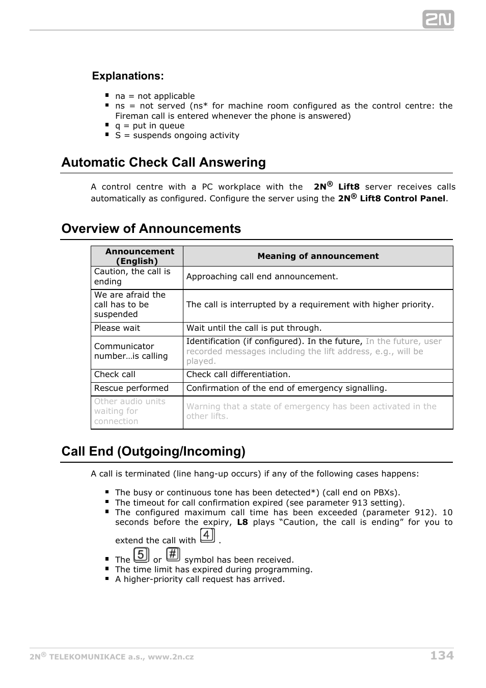 Automatic check call answering, Overview of announcements, Call end (outgoing/incoming) | Explanations | 2N Lift8 v1.6.0 User Manual | Page 134 / 247