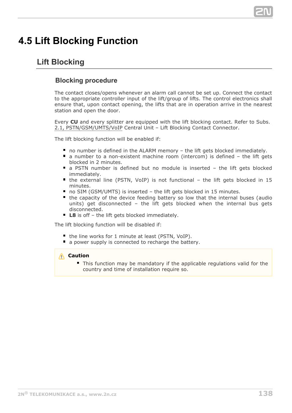 5 lift blocking function, Lift blocking, Blocking procedure | 2N Lift8 v1.6.0 User Manual | Page 138 / 247