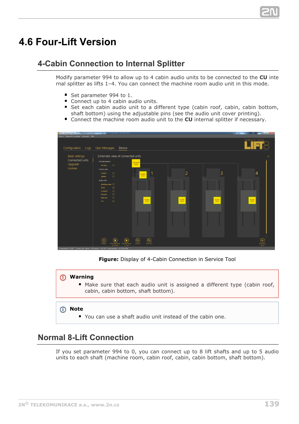 6 four-lift version, Cabin connection to internal splitter, Normal 8-lift connection | 2N Lift8 v1.6.0 User Manual | Page 139 / 247