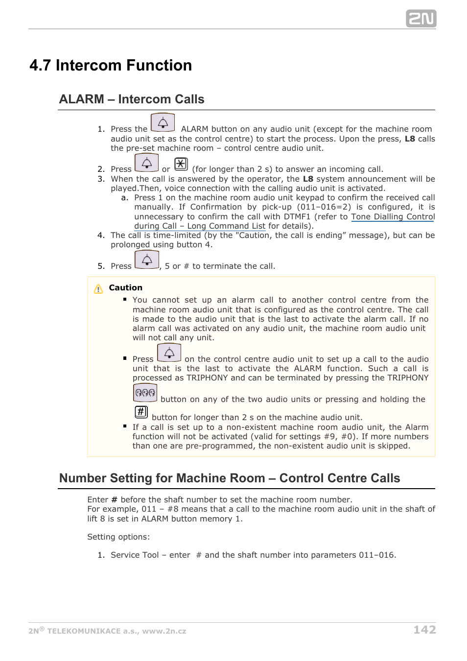 7 intercom function, Alarm – intercom calls | 2N Lift8 v1.6.0 User Manual | Page 142 / 247