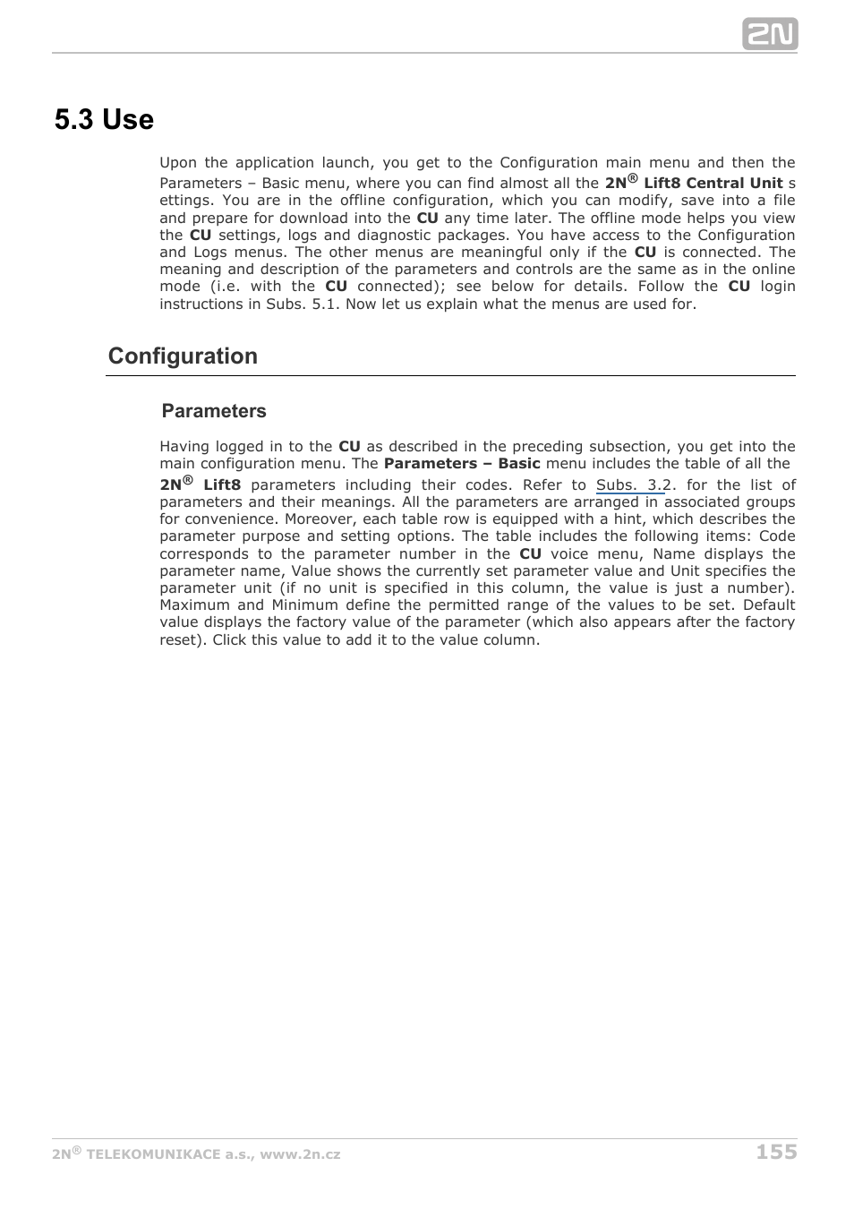 3 use, Configuration, Parameters | 2N Lift8 v1.6.0 User Manual | Page 155 / 247