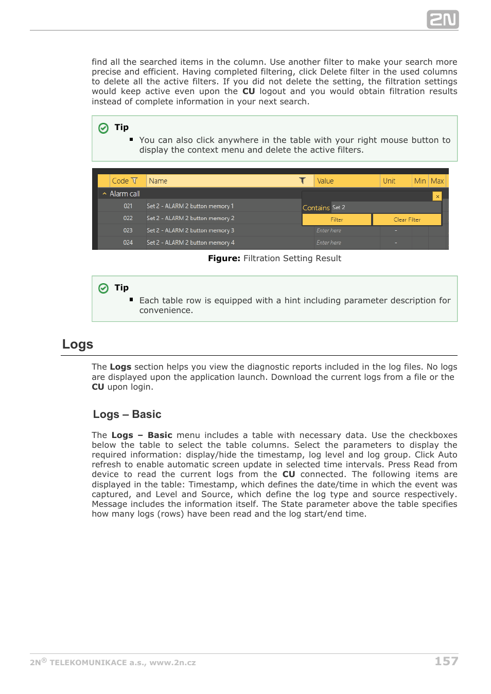 Logs, Logs – basic | 2N Lift8 v1.6.0 User Manual | Page 157 / 247