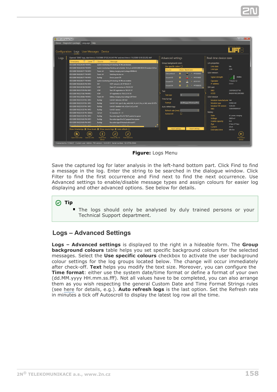 Logs – advanced settings | 2N Lift8 v1.6.0 User Manual | Page 158 / 247