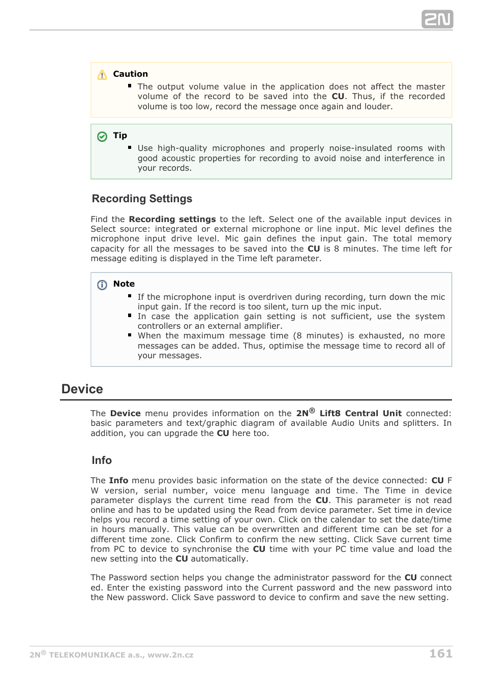 Device, Recording settings, Info | 2N Lift8 v1.6.0 User Manual | Page 161 / 247