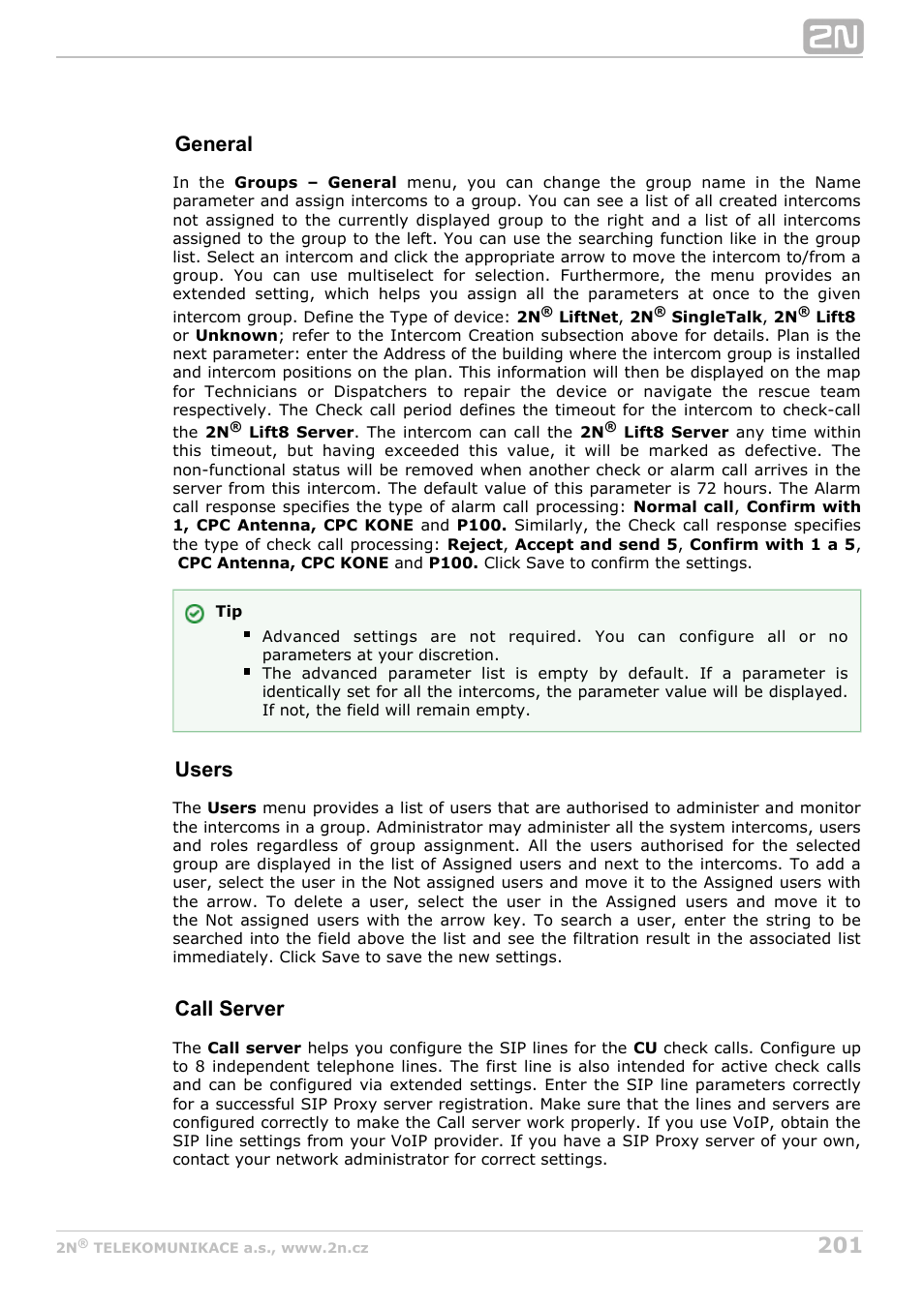General, Users, Call server | 2N Lift8 v1.6.0 User Manual | Page 201 / 247