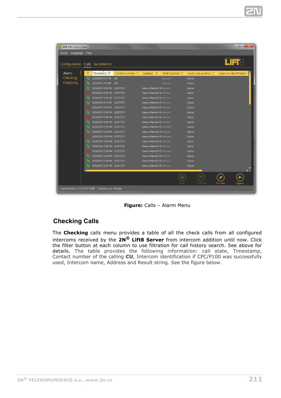 Checking calls | 2N Lift8 v1.6.0 User Manual | Page 211 / 247