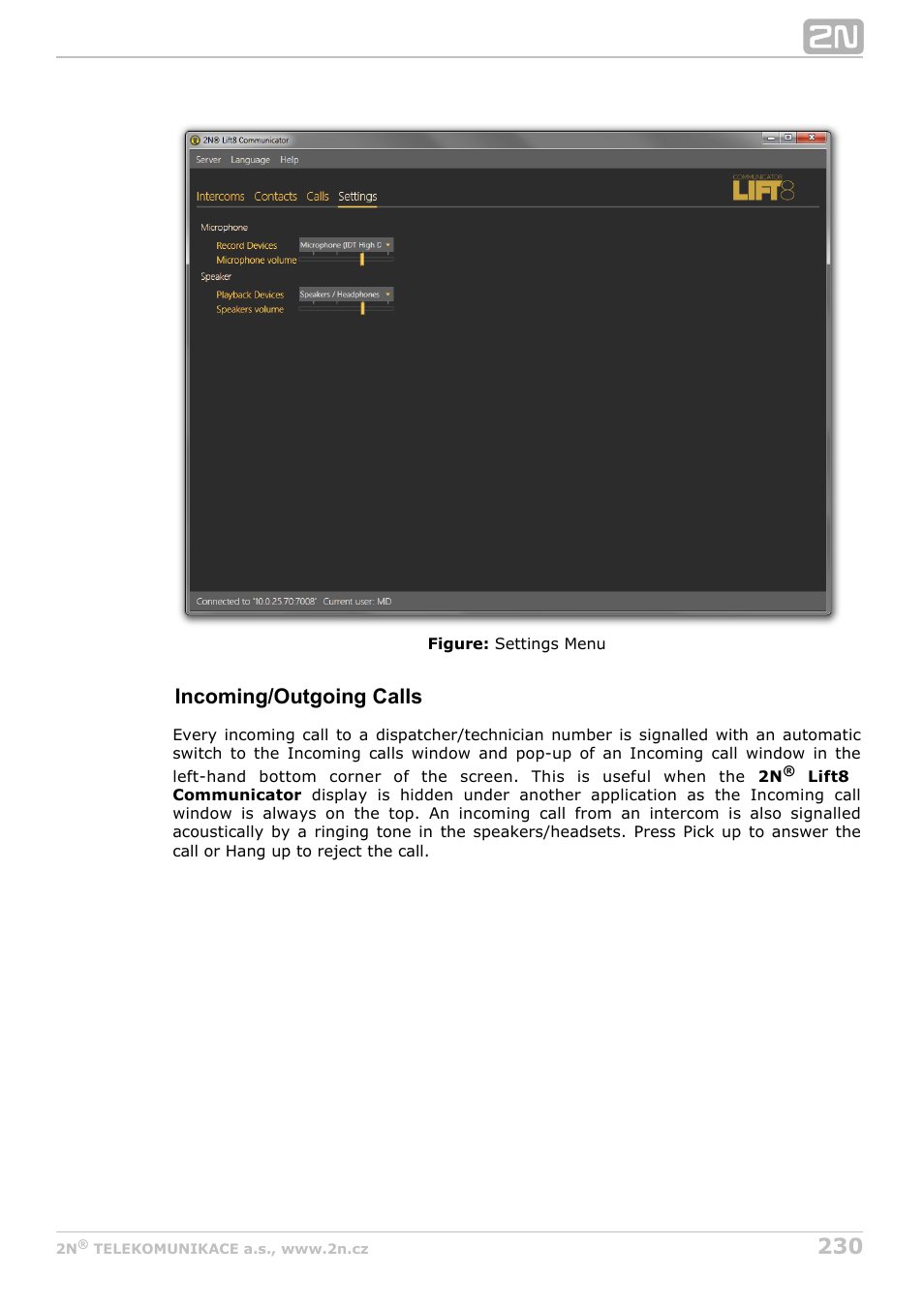 Incoming/outgoing calls | 2N Lift8 v1.6.0 User Manual | Page 230 / 247