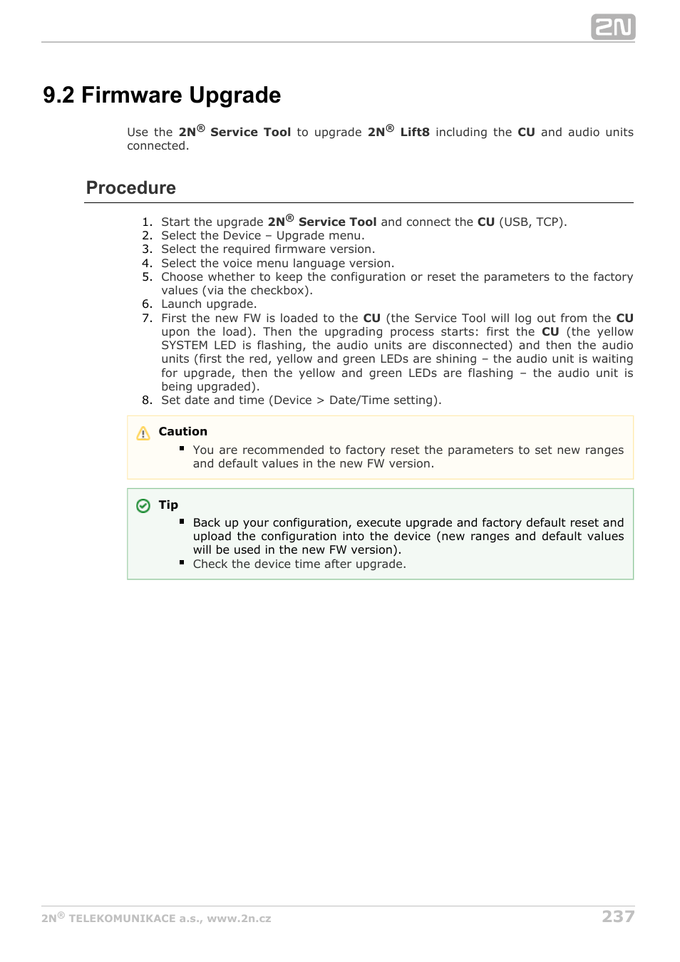 2 firmware upgrade, Procedure | 2N Lift8 v1.6.0 User Manual | Page 237 / 247