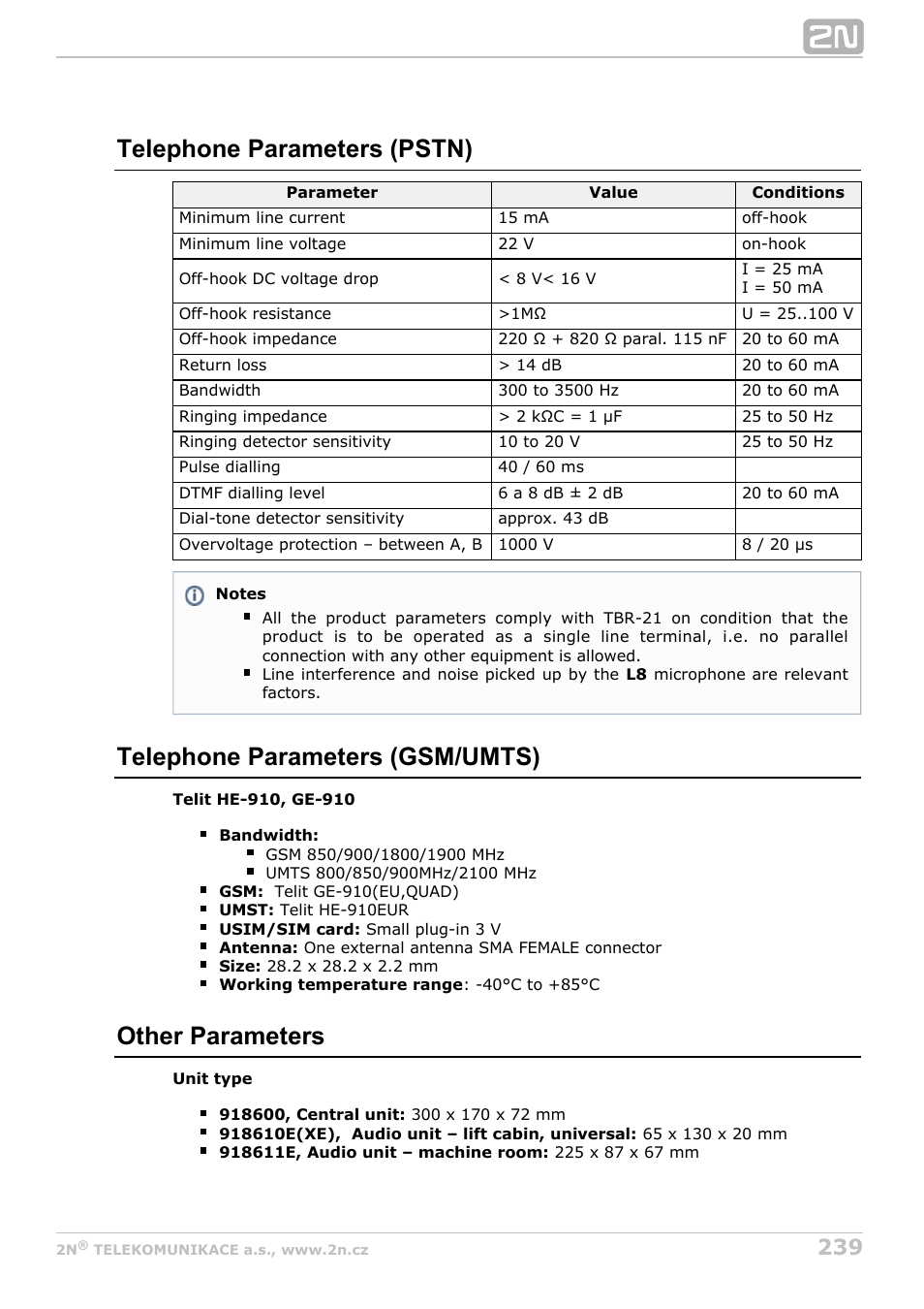 Telephone parameters (pstn), Telephone parameters (gsm/umts), Other parameters | 2N Lift8 v1.6.0 User Manual | Page 239 / 247