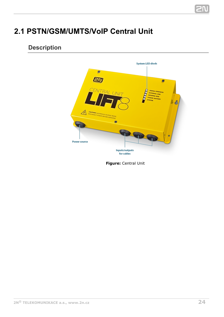 1 pstn/gsm/umts/voip central unit, Description | 2N Lift8 v1.6.0 User Manual | Page 24 / 247