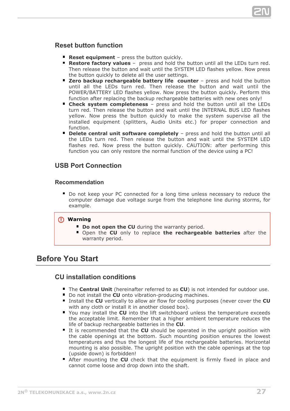 Before you start, Reset button function, Usb port connection | Cu installation conditions | 2N Lift8 v1.6.0 User Manual | Page 27 / 247