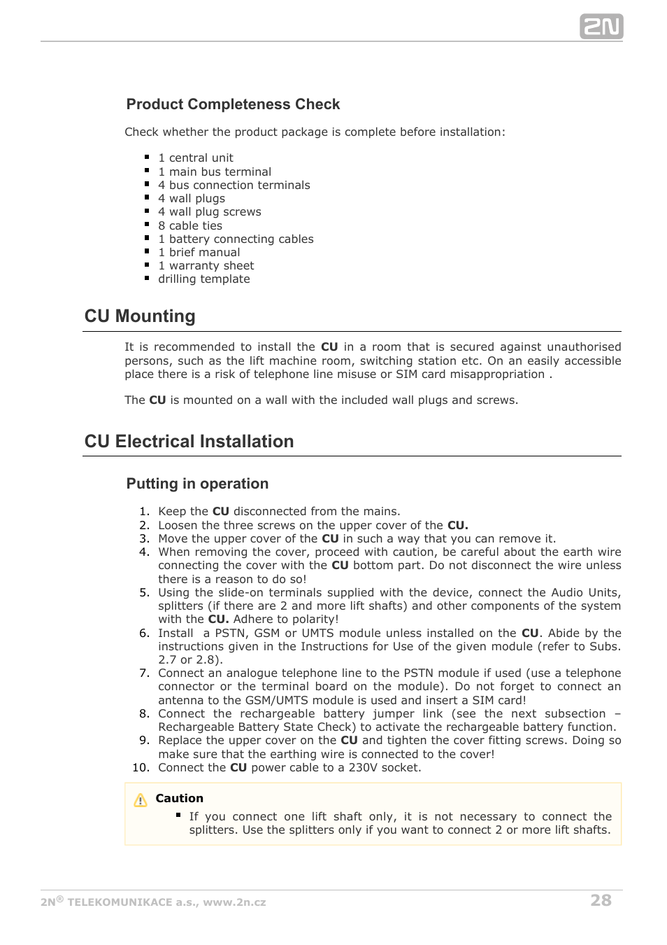 Cu mounting, Cu electrical installation, Product completeness check | Putting in operation | 2N Lift8 v1.6.0 User Manual | Page 28 / 247