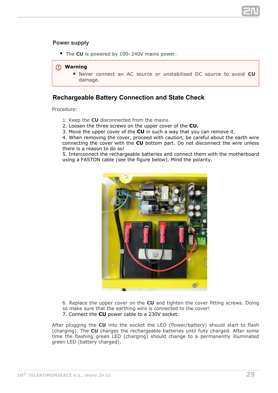 Rechargeable battery connection and state check | 2N Lift8 v1.6.0 User Manual | Page 29 / 247