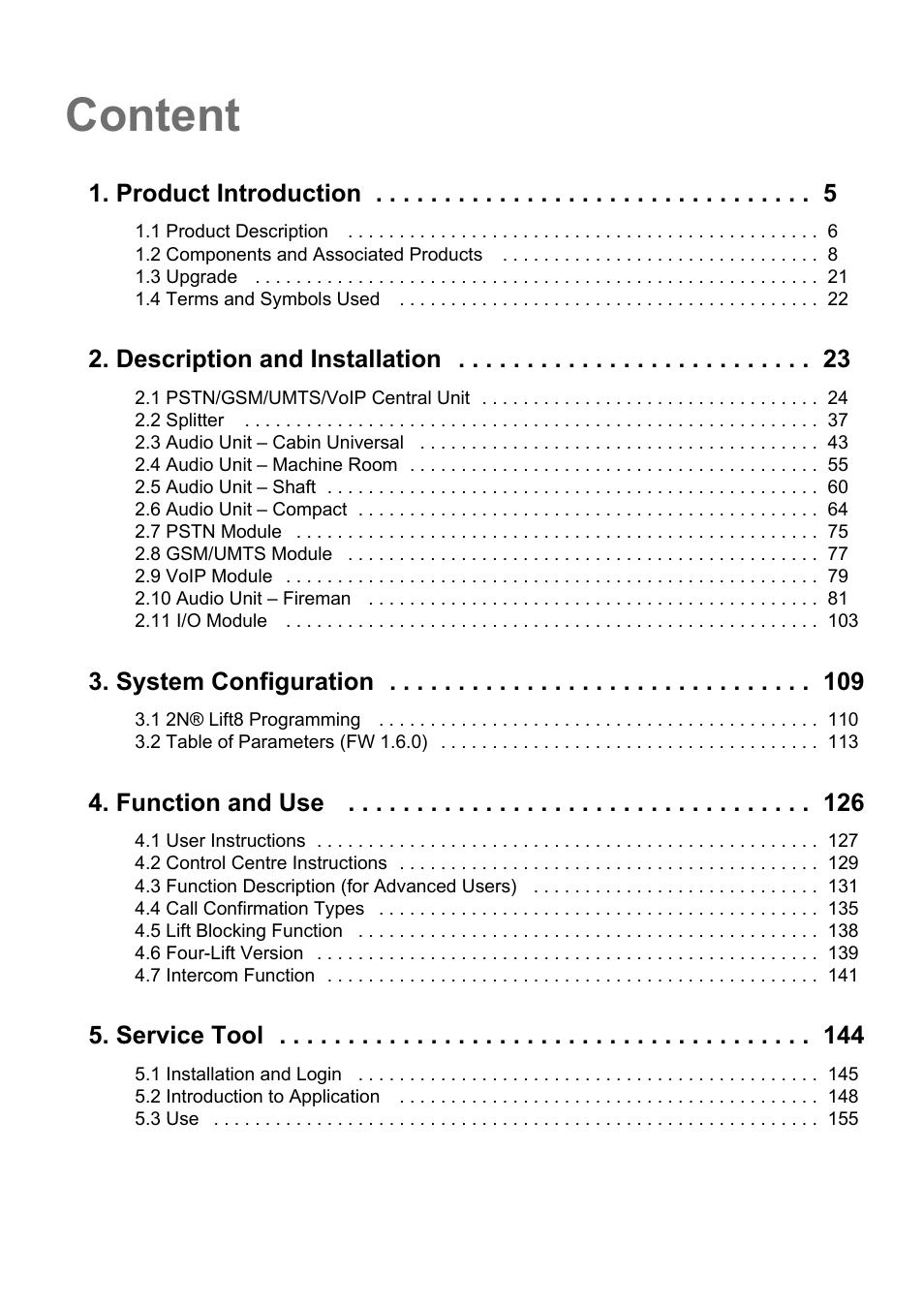 Content, Product introduction, Description and installation | System configuration, Function and use, Service tool | 2N Lift8 v1.6.0 User Manual | Page 3 / 247