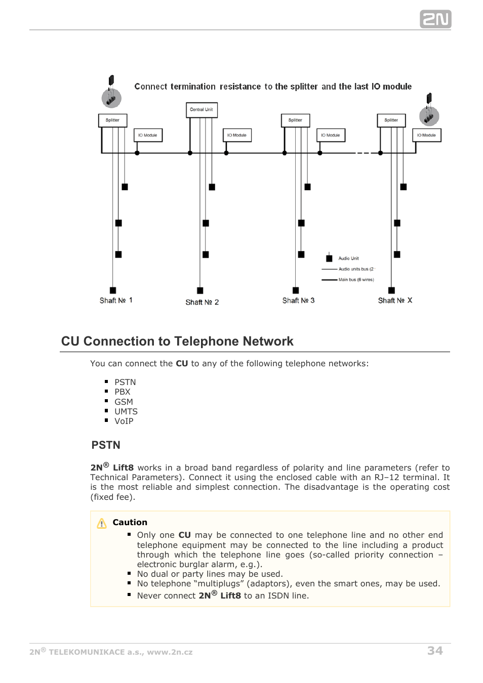 Cu connection to telephone network, Pstn | 2N Lift8 v1.6.0 User Manual | Page 34 / 247