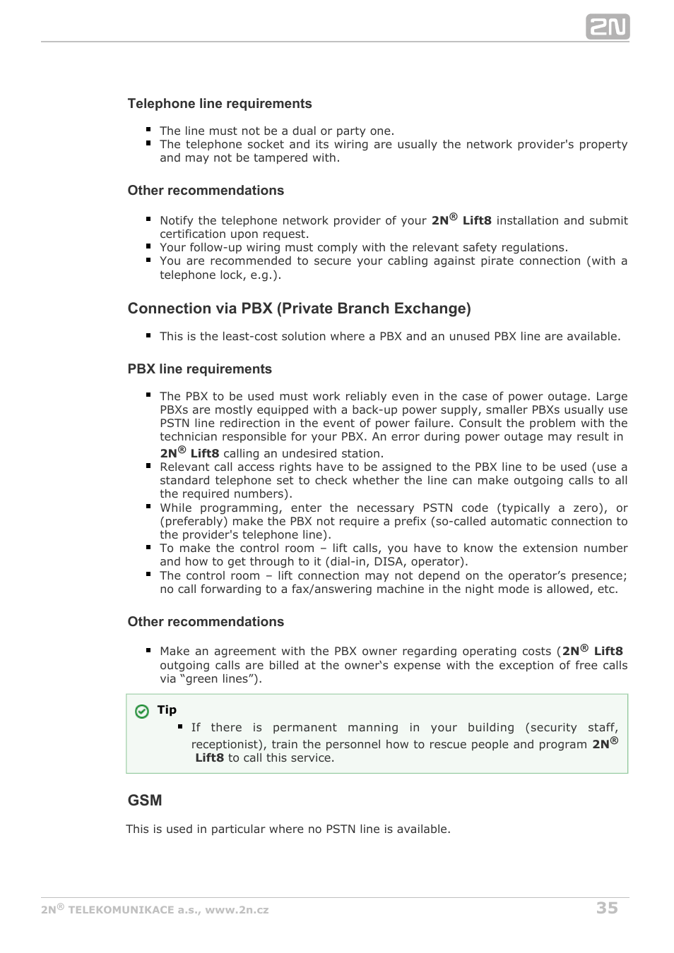 Connection via pbx (private branch exchange) | 2N Lift8 v1.6.0 User Manual | Page 35 / 247