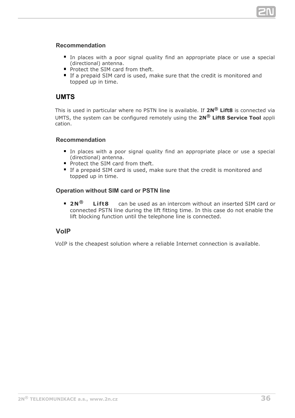 Umts, Voip | 2N Lift8 v1.6.0 User Manual | Page 36 / 247