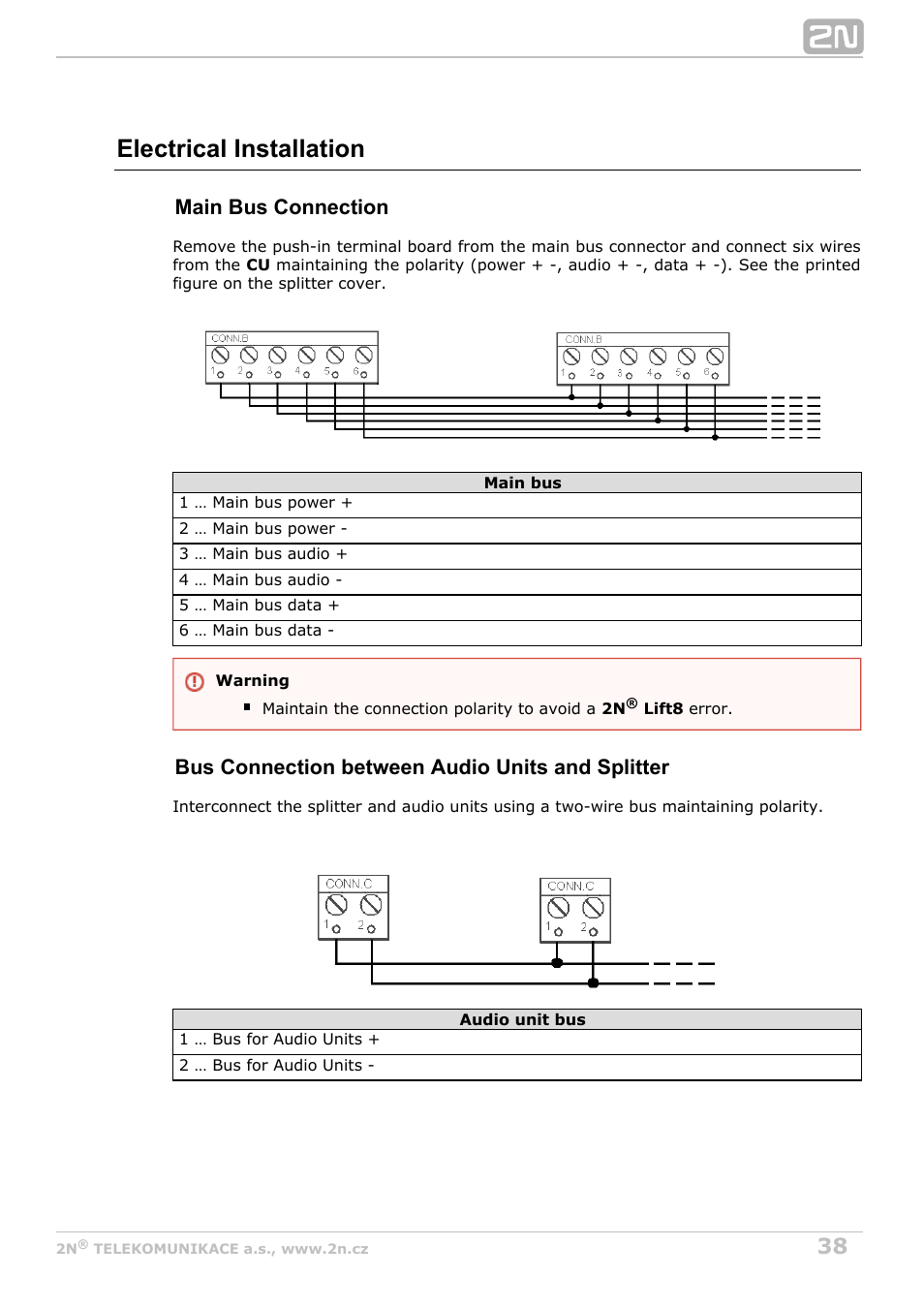 Electrical installation, Main bus connection, Bus connection between s and splitter audio unit | 2N Lift8 v1.6.0 User Manual | Page 38 / 247