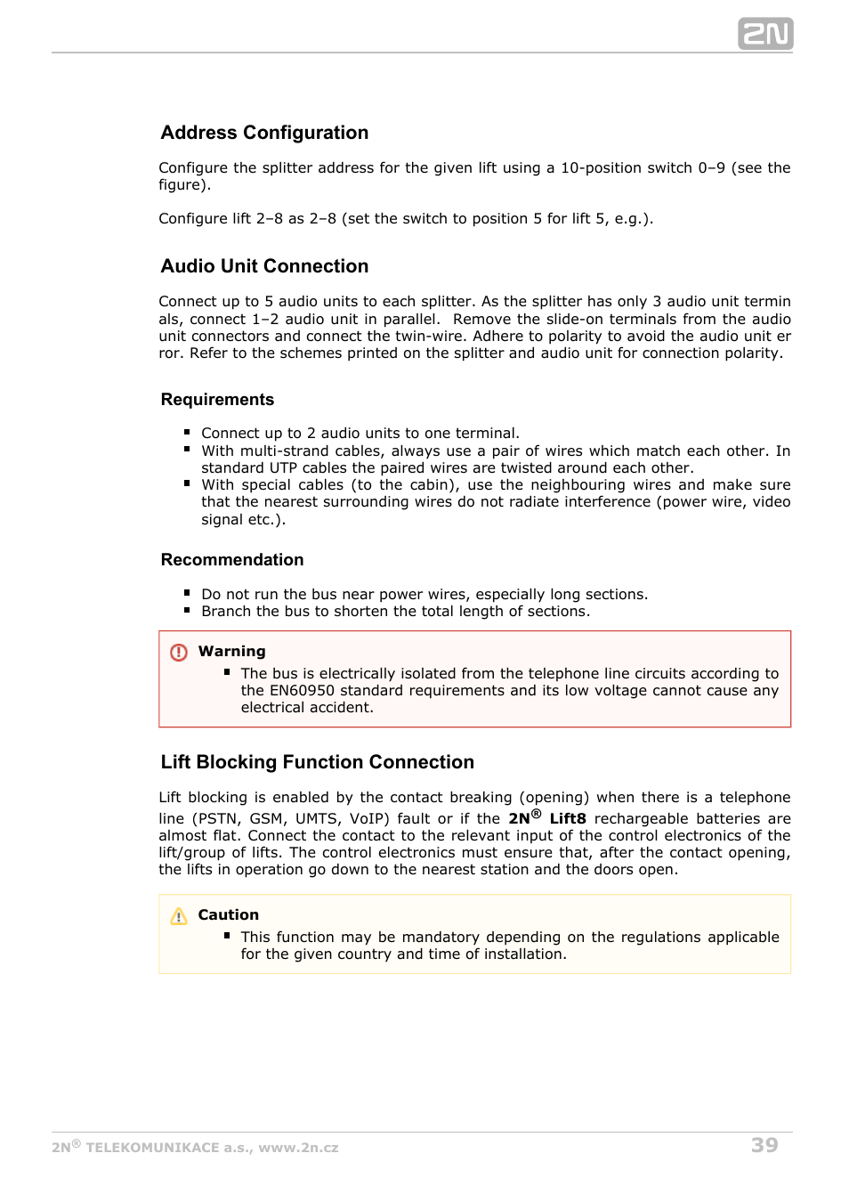 Address configuration, Audio unit connection, Lift blocking function connection | 2N Lift8 v1.6.0 User Manual | Page 39 / 247