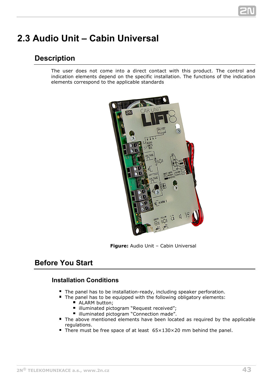 3 audio unit – cabin universal, Description, Before you start | 2N Lift8 v1.6.0 User Manual | Page 43 / 247