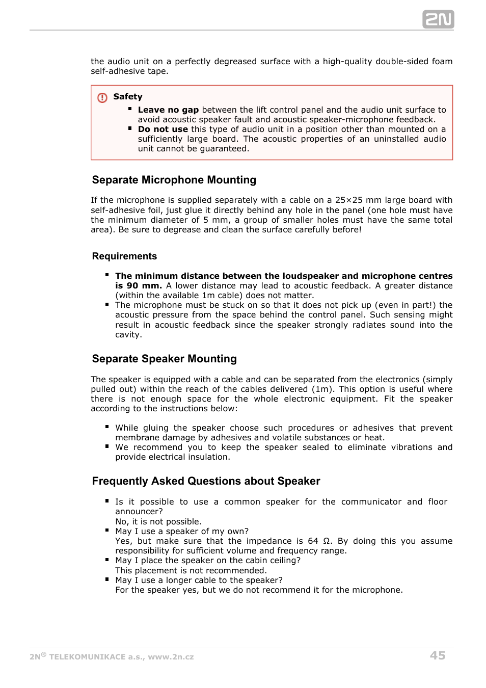 Separate microphone mounting, Separate speaker mounting, Frequently asked questions about speaker | 2N Lift8 v1.6.0 User Manual | Page 45 / 247