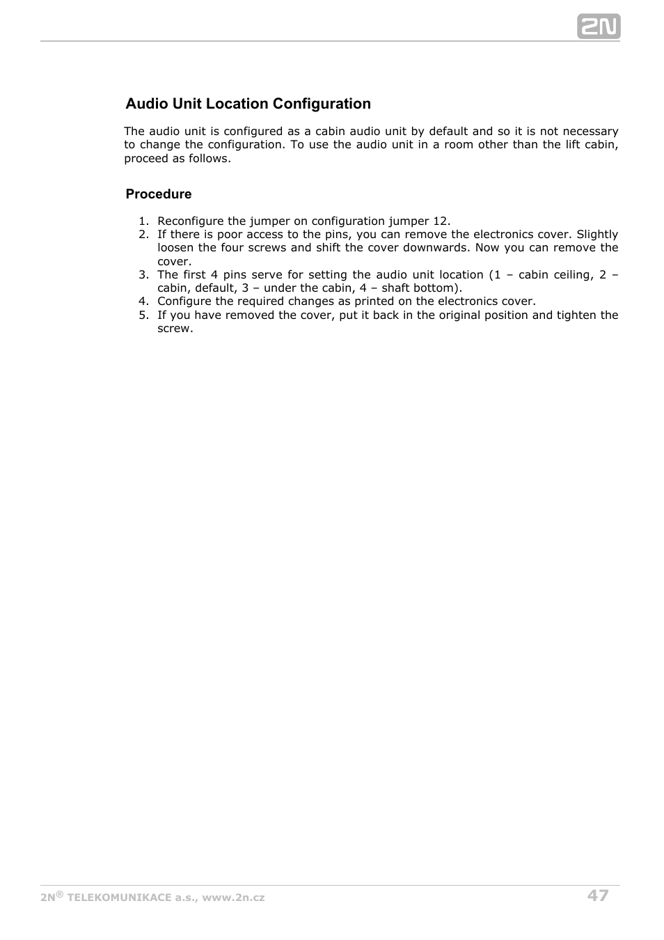 Ocation configuration audio unit l | 2N Lift8 v1.6.0 User Manual | Page 47 / 247