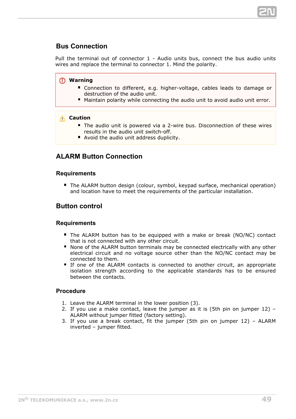 Bus connection, Alarm button connection, Button control | 2N Lift8 v1.6.0 User Manual | Page 49 / 247