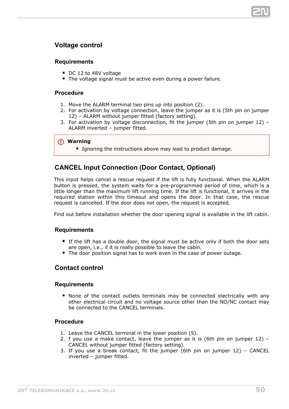 Voltage control, Cancel input connection (door contact, optional), Contact control | 2N Lift8 v1.6.0 User Manual | Page 50 / 247