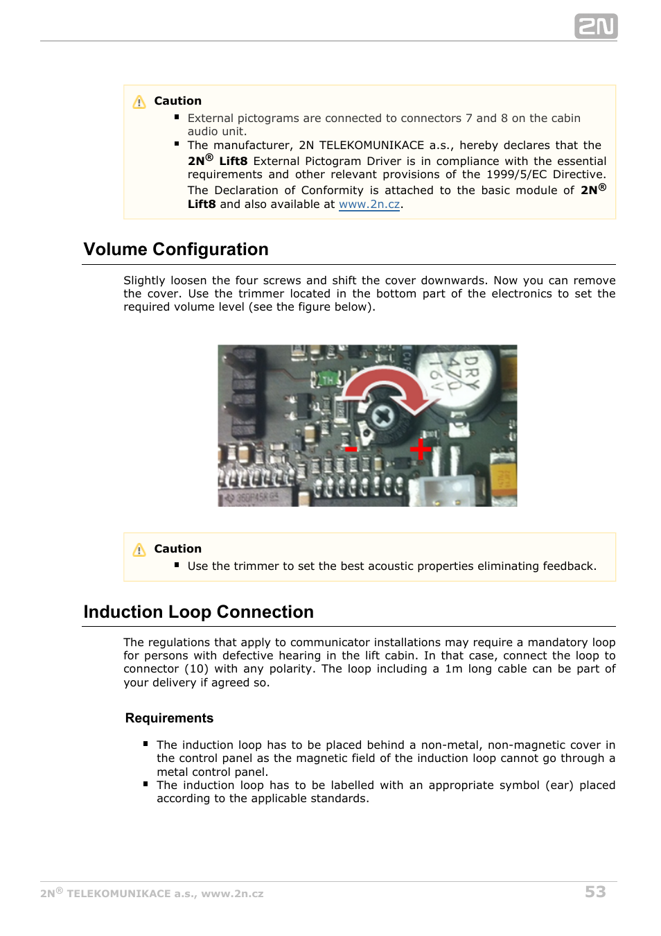 Volume configuration, Induction loop connection | 2N Lift8 v1.6.0 User Manual | Page 53 / 247