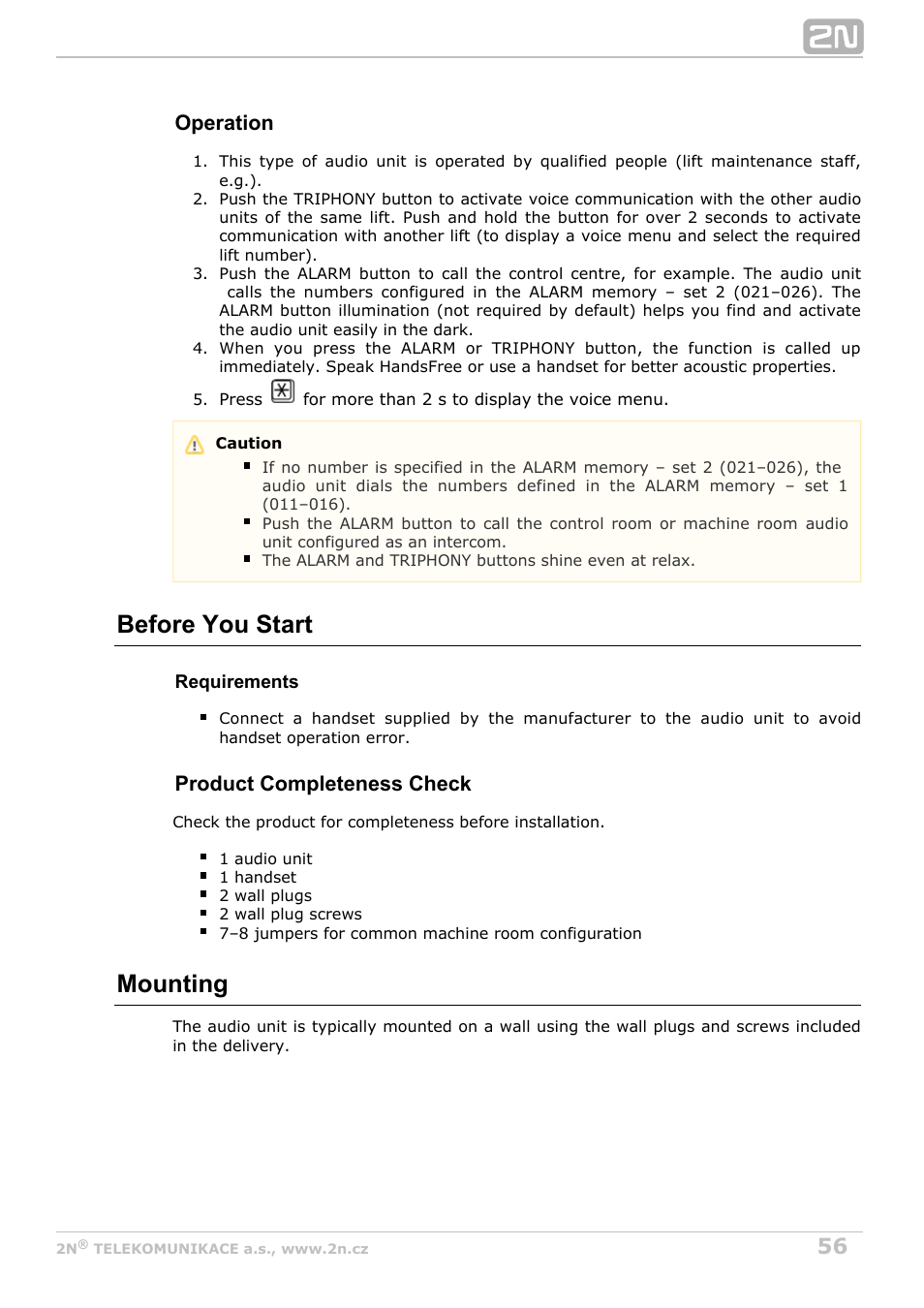 Before you start, Mounting, Operation | Product completeness check | 2N Lift8 v1.6.0 User Manual | Page 56 / 247