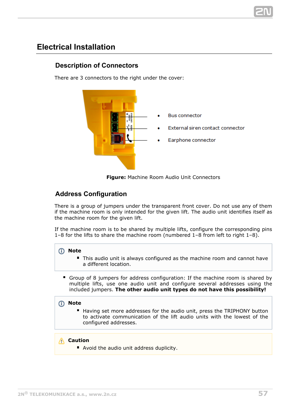 Electrical installation, Description of connectors, Address configuration | 2N Lift8 v1.6.0 User Manual | Page 57 / 247