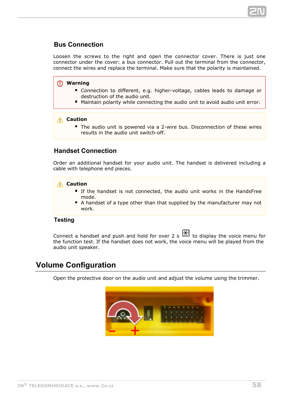 Volume configuration, Bus connection, Handset connection | 2N Lift8 v1.6.0 User Manual | Page 58 / 247