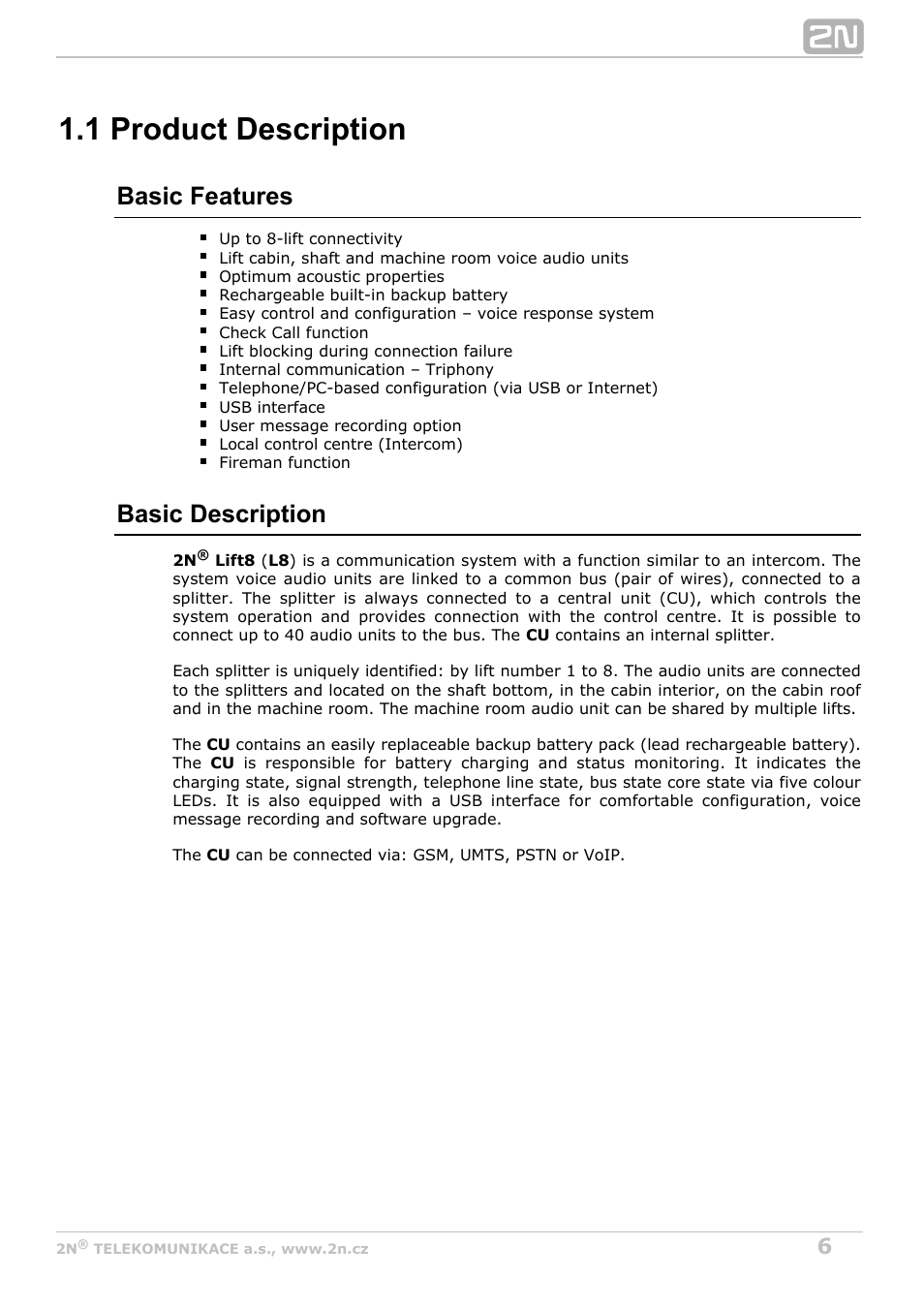 1 product description, Basic features, Basic description | 2N Lift8 v1.6.0 User Manual | Page 6 / 247