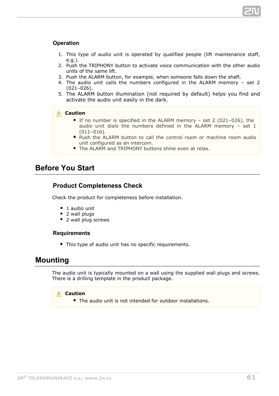 Before you start, Mounting, Product completeness check | 2N Lift8 v1.6.0 User Manual | Page 61 / 247