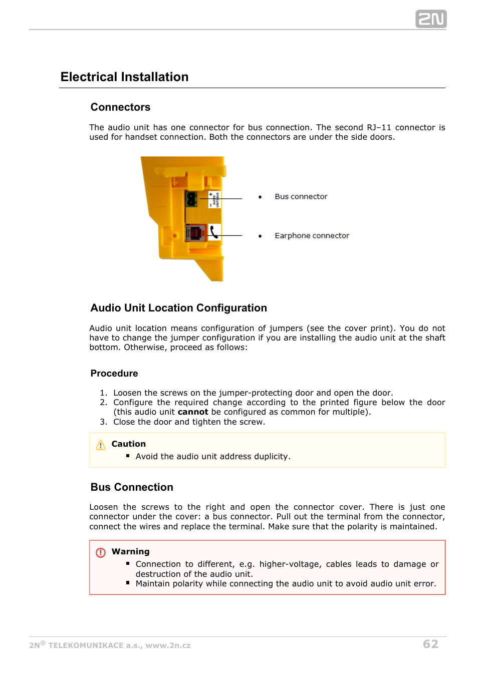 Electrical installation, Connectors, Audio unit location configuration | Bus connection | 2N Lift8 v1.6.0 User Manual | Page 62 / 247