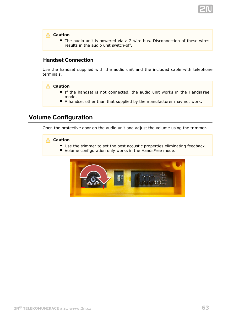 Volume configuration, Handset connection | 2N Lift8 v1.6.0 User Manual | Page 63 / 247