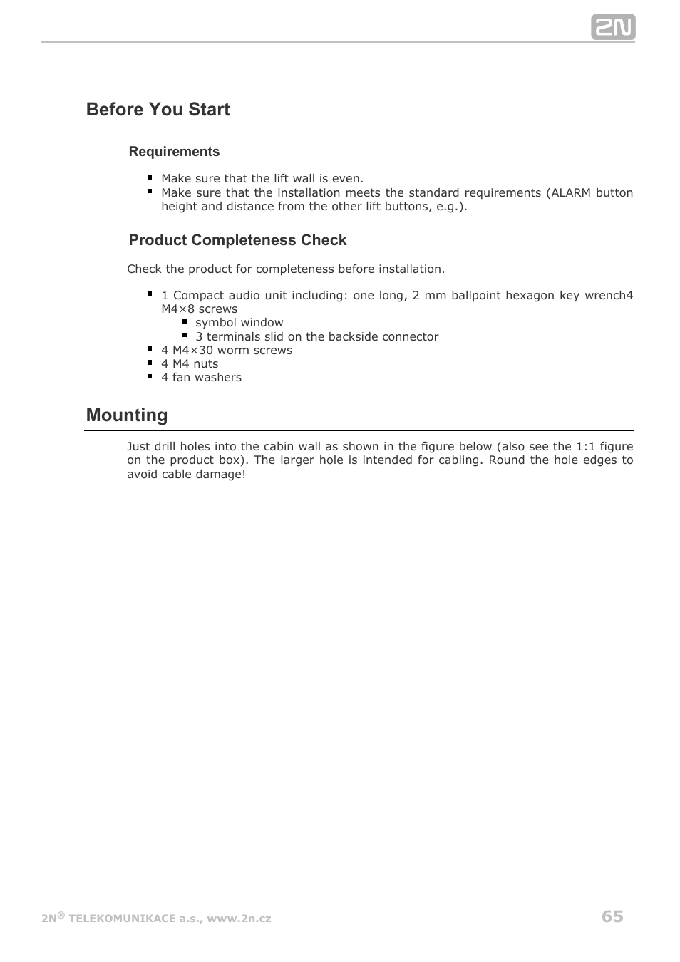 Before you start, Mounting | 2N Lift8 v1.6.0 User Manual | Page 65 / 247