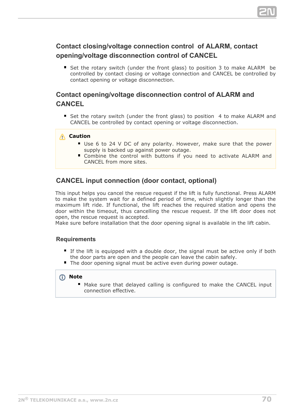 Cancel input connection (door contact, optional) | 2N Lift8 v1.6.0 User Manual | Page 70 / 247